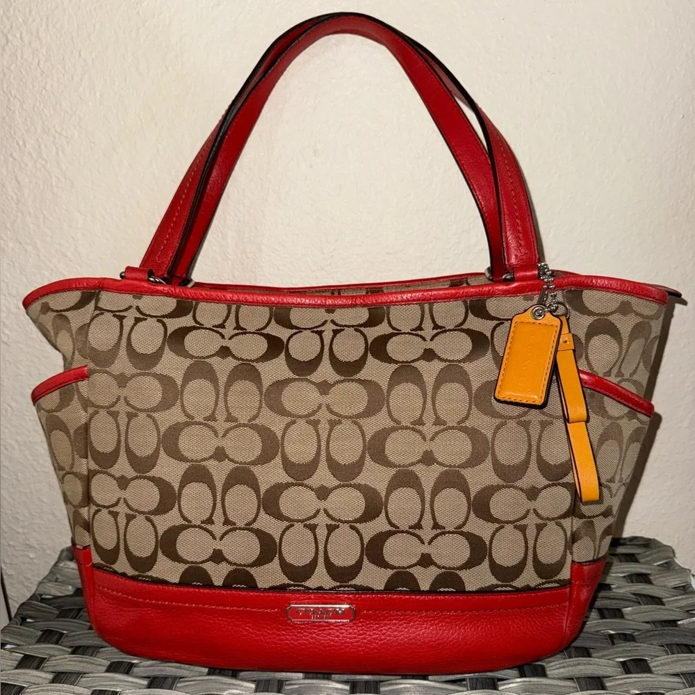 Coach Signature Canvas Tote w/ Red Coral Leather Trim – F23297 - Picture 16 of 16